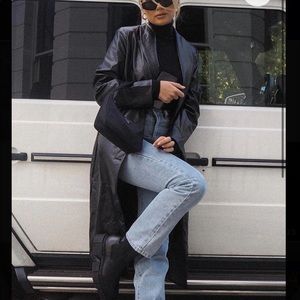 Black PU Leather Trench Coat